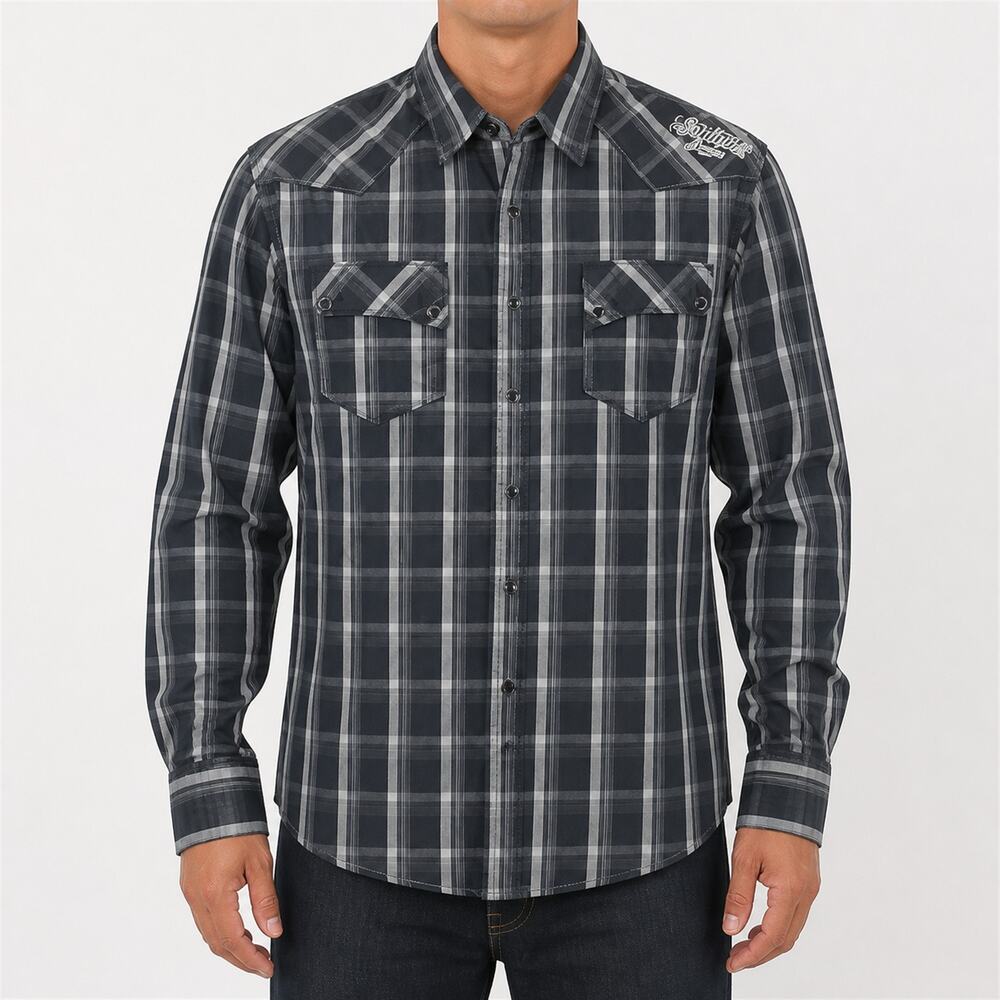 Southpole Shirt Western Mens Medium Blue White Plaid Long Sleeve Pearl Snap